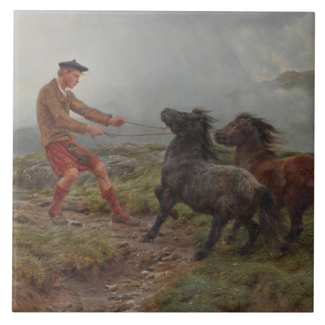 Two Shetland Ponies in a Misty Highland Landscape Ceramic Tile (Front)