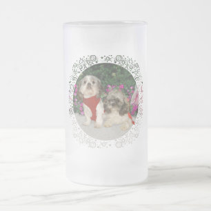Two Shih Tzus in a Garden Frosted Glass Beer Mug