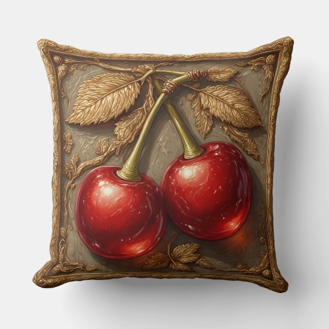 Two Shiny Red Cherries with Golden Leaves Throw Pillow (Front)