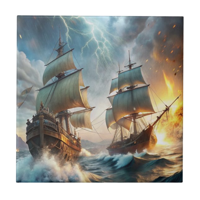 Two Ships at Sea Ceramic Tile (Front)