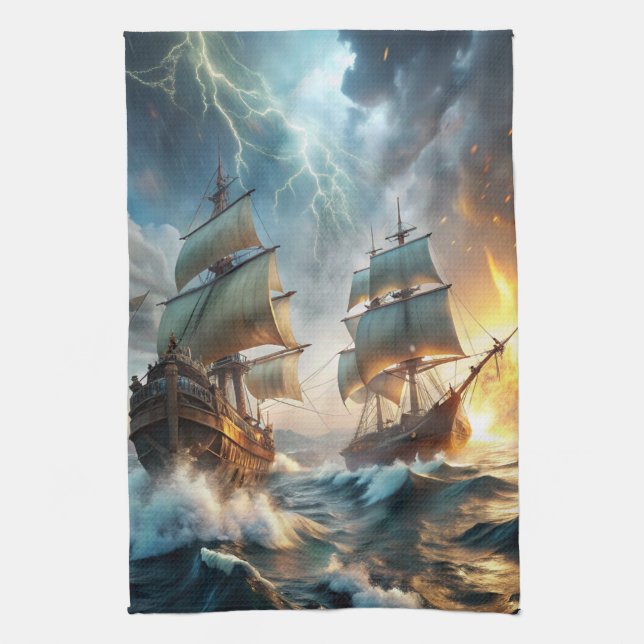 Two Ships at Sea Kitchen Towel (Vertical)