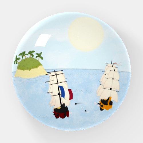 Two Ships In Battle At Sea Near Tropical Island Paperweight