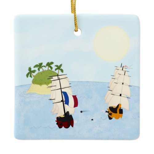 Two Ships in Battle Near Tropical Island Ceramic Ornament
