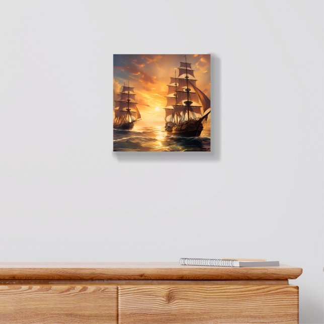 Two Ships Sailing at Sunset Wood Photo Tile (Dresser)