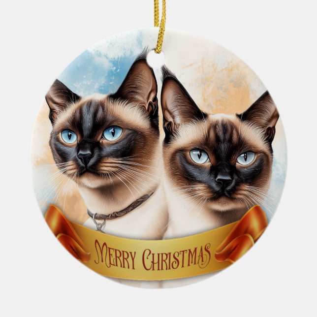 Two Siamese Cats Ceramic Ornament (Front)