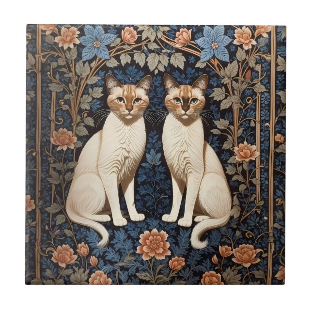 Two Siamese Cats William Morris Inspired  Ceramic Tile (Front)