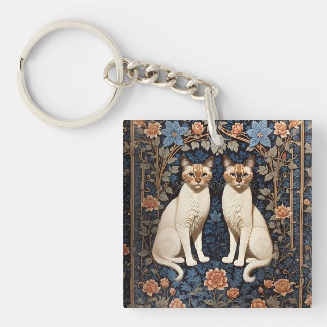 Two Siamese Cats William Morris Inspired  Keychain (Front)