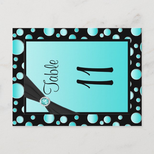Two-sided Aqua, Black Polka Dots Table Number (Front)