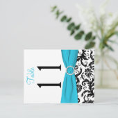 Two-sided Aqua, Black, White Damask Table Number (Standing Front)