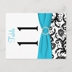 Two-sided Aqua, Black, White Damask Table Number