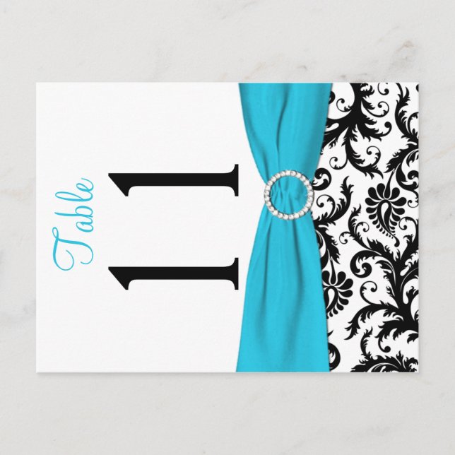Two-sided Aqua, Black, White Damask Table Number (Front)