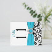 Two-sided Aqua, Black, White Damask Table Number (Standing Front)