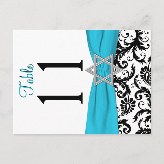 Two-sided Aqua, Black, White Damask Table Number (Front)