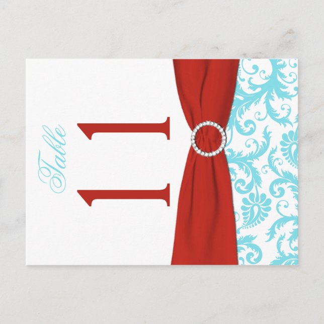 Two-sided Aqua, Red, White Damask Table Number (Front)