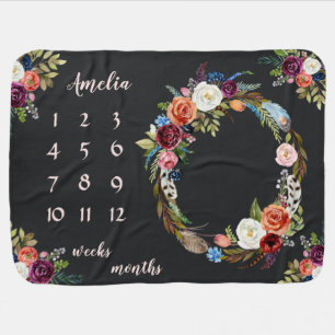 Two Sided Baby Girl Floral Name Milestone Monthly Blanket
