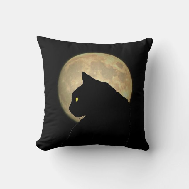 Two Sided Black Cat and Full Moon Throw Pillow (Front)
