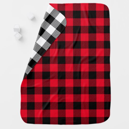 Two Sided Black White and Red Buffalo Plaid Baby Blanket