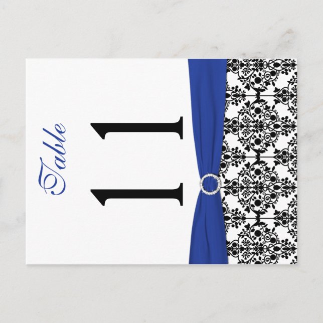Two-sided Black, White, Blue Damask Table Number (Front)