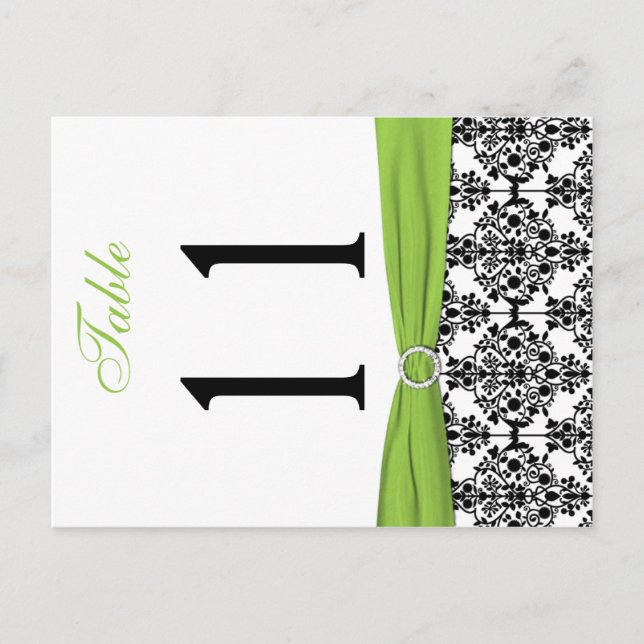 Two-sided Black, White, Lime Damask Table Number (Front)