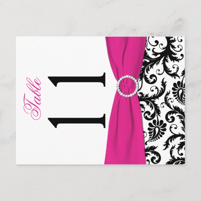 Two-sided Black, White, Pink Damask Table Number (Front)
