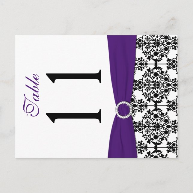 Two-sided Black, White, Purple Damask Table Number (Front)