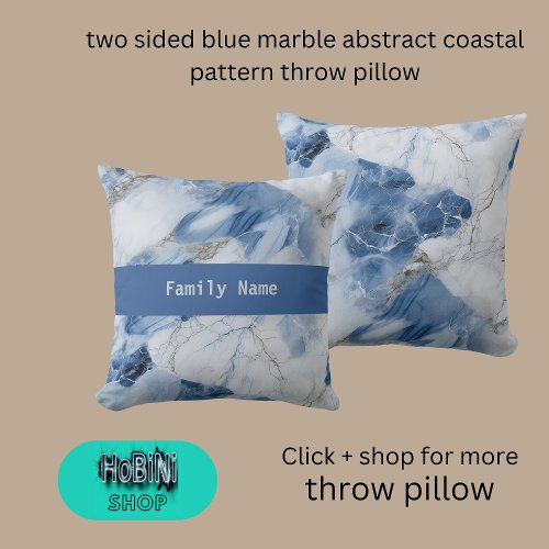 two sided blue marble abstract coastal pattern throw pillow
