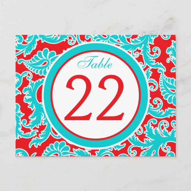 Two-sided Blue, Red, White Damask Table Number (Front)