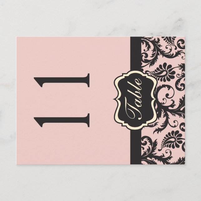 Two Sided Blush Pink and Gray Damask Table Number (Front)