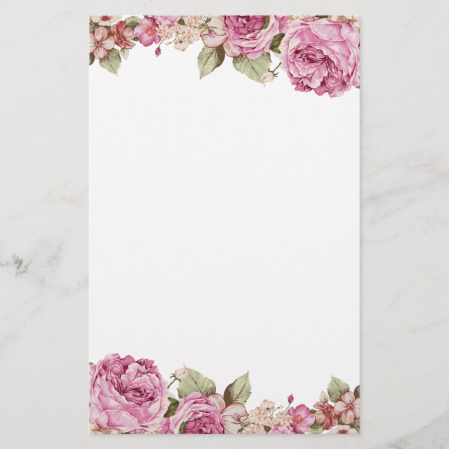 Two Sided Border with Pink Rose Painting Stationery (Front)