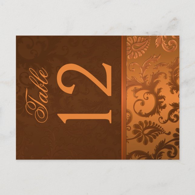 Two Sided Brown and Copper Damask Table Number (Front)