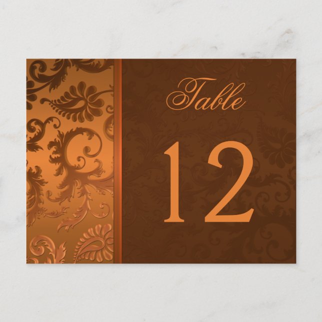 Two Sided Brown and Copper Damask Table Number (Front)