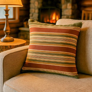 Two Sided Burgundy Green Ochre Stripes Cabin Throw Pillow