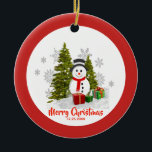 Two Sided Christmas Snowman Ornament<br><div class="desc">This ornament features a winter snow covered fir tree and a cute snowman. The front greeting is "Merry Christmas" plus a space for a date. There is a holiday greeting on the back that you may personalize with your own text. An ornament like this would make a thoughtful gift for...</div>