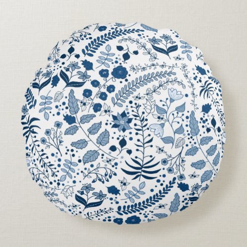 Two Sided Classic Blue Boho Florals Round Pillow
