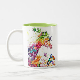 Two sided colorful giraffe with butterflies Two-Tone coffee mug