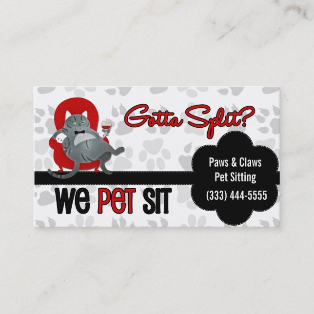 Two-Sided Custom Pet Sitter Red and Black Business Card (Front)