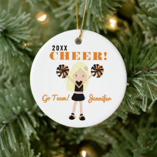 Two-Sided Cute Blonde Cheerleader Christmas Cerami Ceramic Ornament