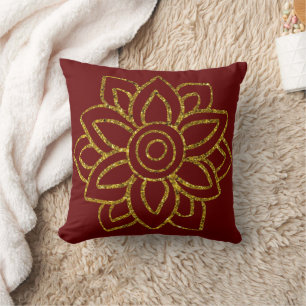 Two-sided Gold Glitter Flower Poinsettia Dark Red Throw Pillow