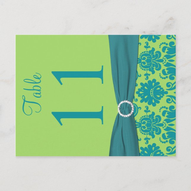 Two Sided Green and Turquoise Damask Table Number (Front)