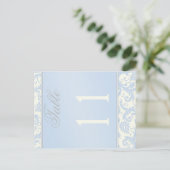 Two Sided Ivory and Blue Damask Table Number (Standing Front)