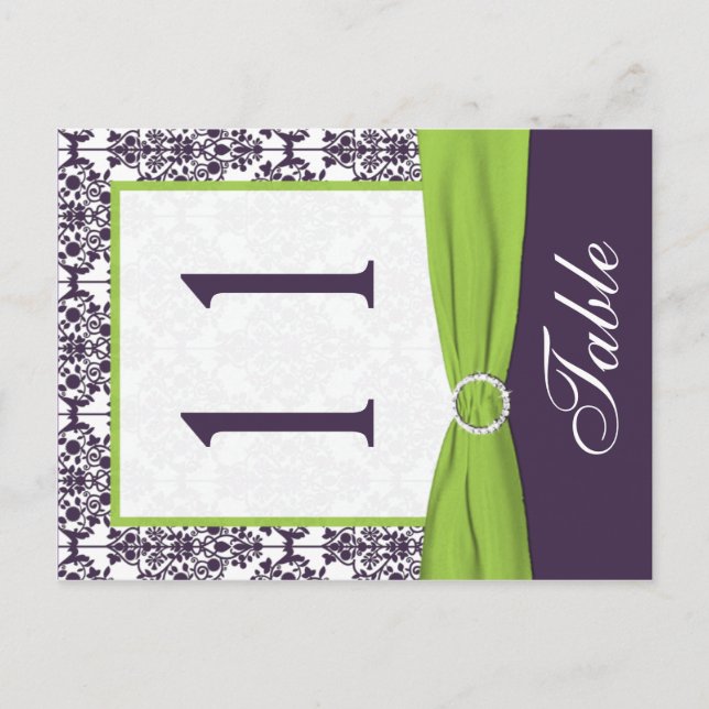 Two Sided Lime and Purple Damask Table Number (Front)