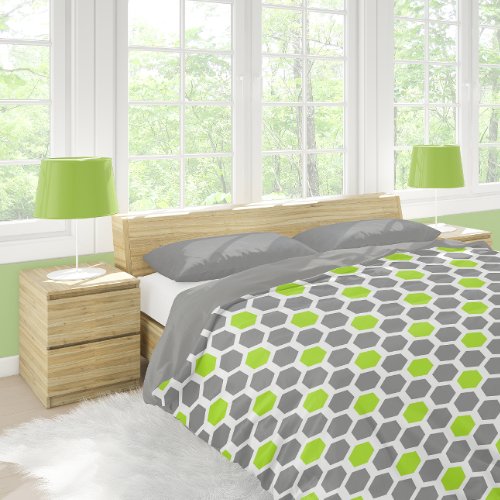 Two Sided Modern Lime Green Gray Hexagons Duvet Cover