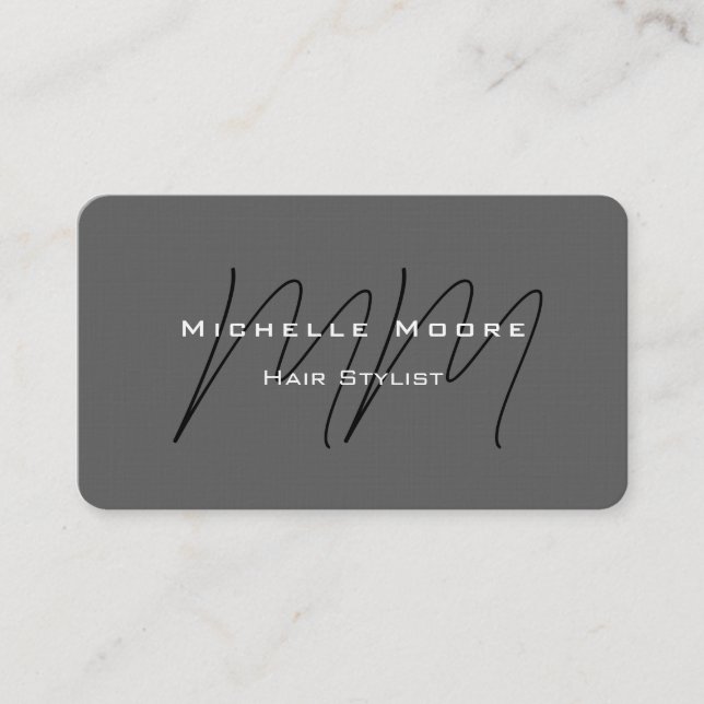Two Sided Monogrammed Black Grey Calligraphy Linen Business Card (Front)