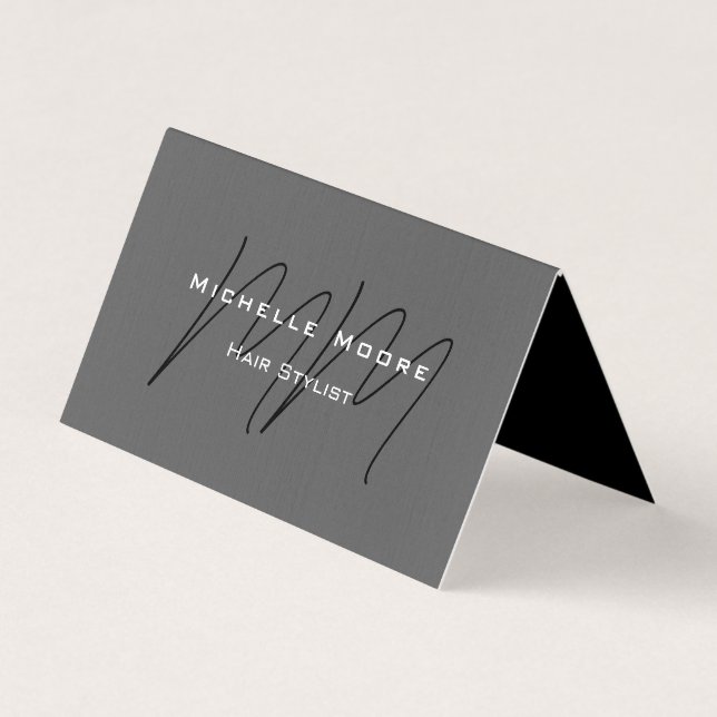 Two Sided Monogrammed Black Grey Calligraphy Linen Business Card (Front)