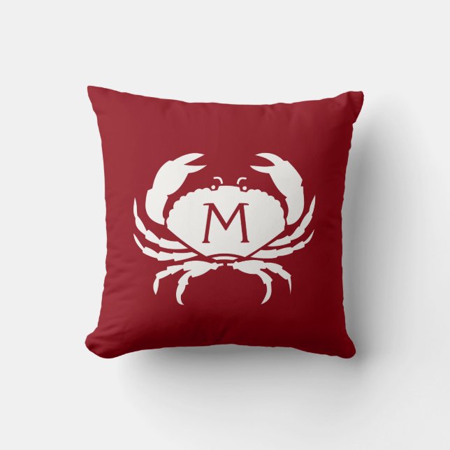 Two-Sided Nautical Red Crab Monogram Throw Pillow (Front)