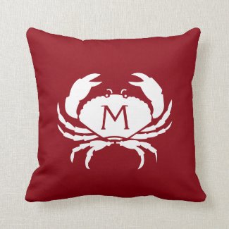 Two-Sided Nautical Red Crab Monogram Throw Pillow