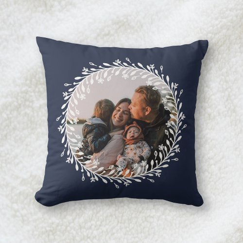 Two Sided Navy Blue Floral Wreath Family Photo Throw Pillow