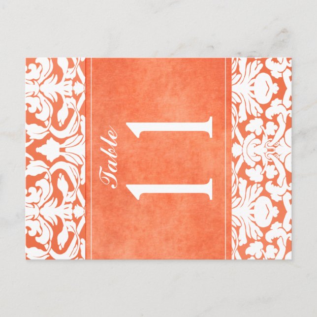 Two Sided Orange and White Damask Table Number (Front)