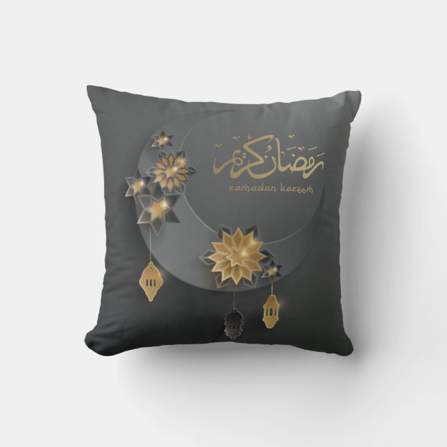 Two-sided Paper cut Ramadan lanterns & moon, black Throw Pillow (Front)