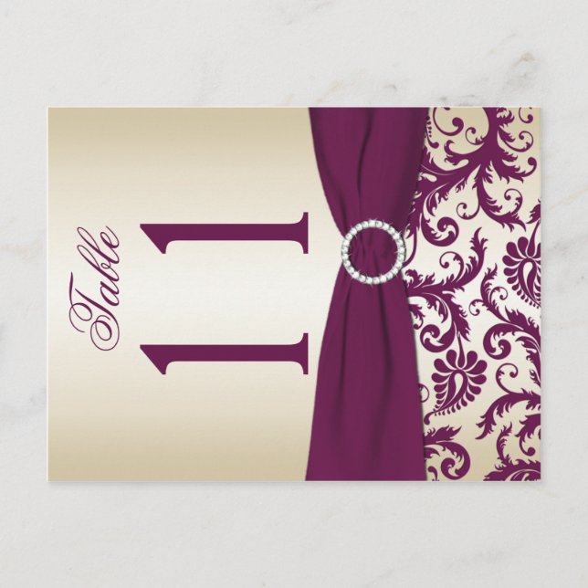 Two-sided Plum and Champagne Damask Table Number (Front)